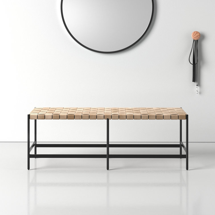 Tan Faux Leather and Metal Weave Bench