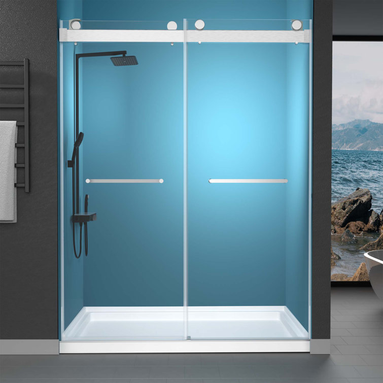Brushed Nickel Frameless Double Sliding Shower Door with Crashproof System