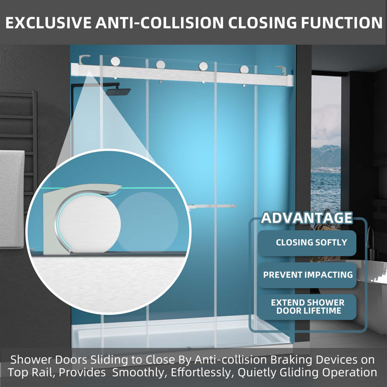 Brushed Nickel Frameless Double Sliding Shower Door with Crashproof System