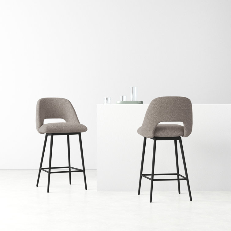 Gray Upholstered Low Back Bar Stools with Metal Legs, Set of 2