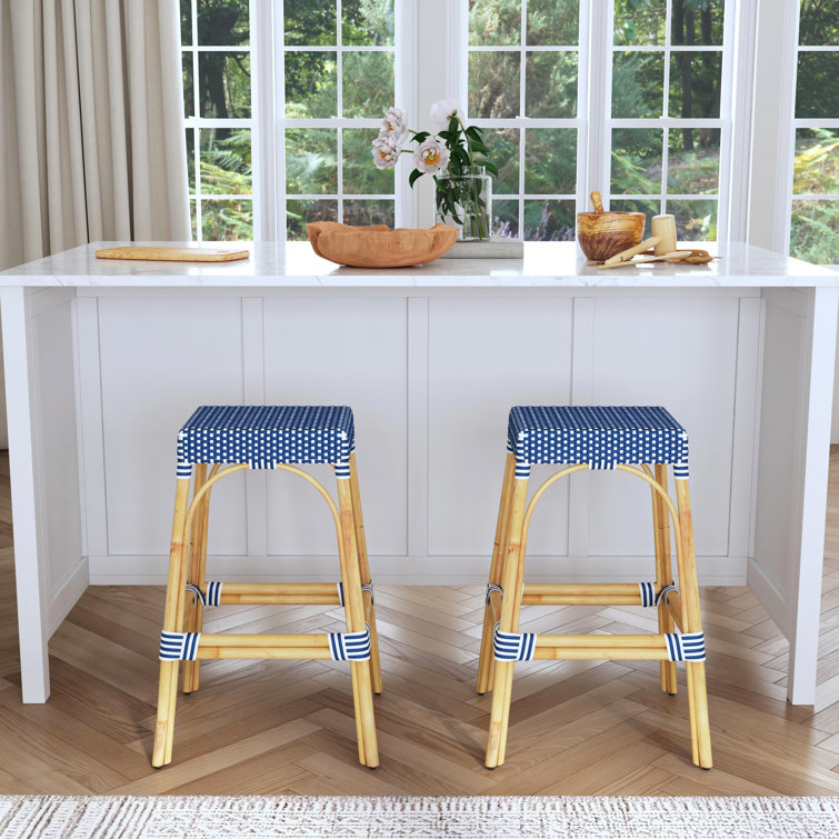 Skye Blue & White Dot 30" Backless Rattan Bar Stool