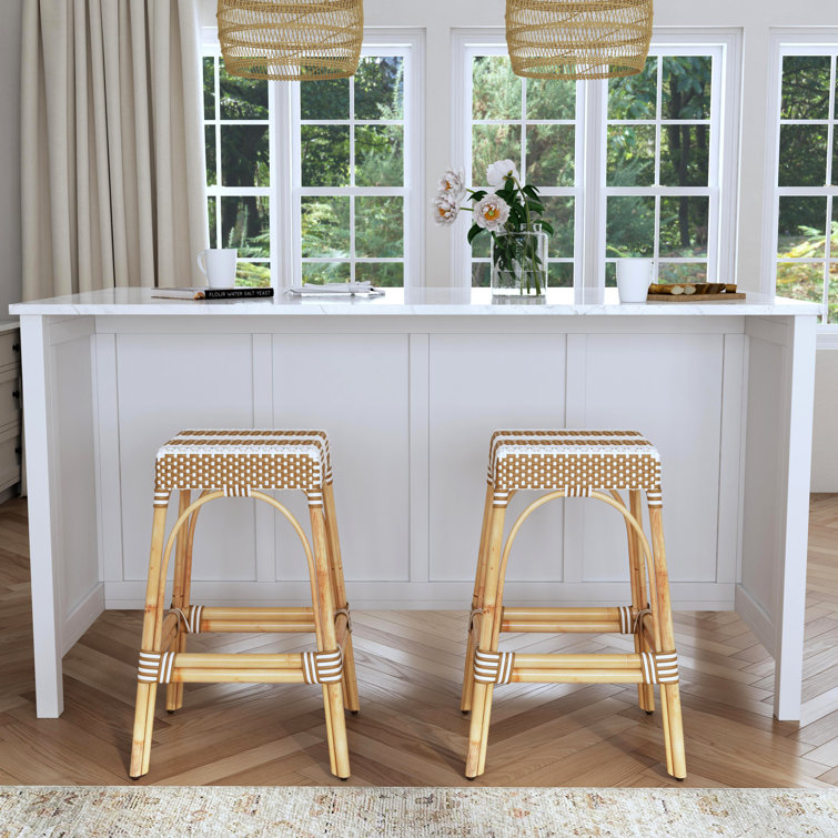 Tan and White Striped Rattan Backless Bar Stool, 30"