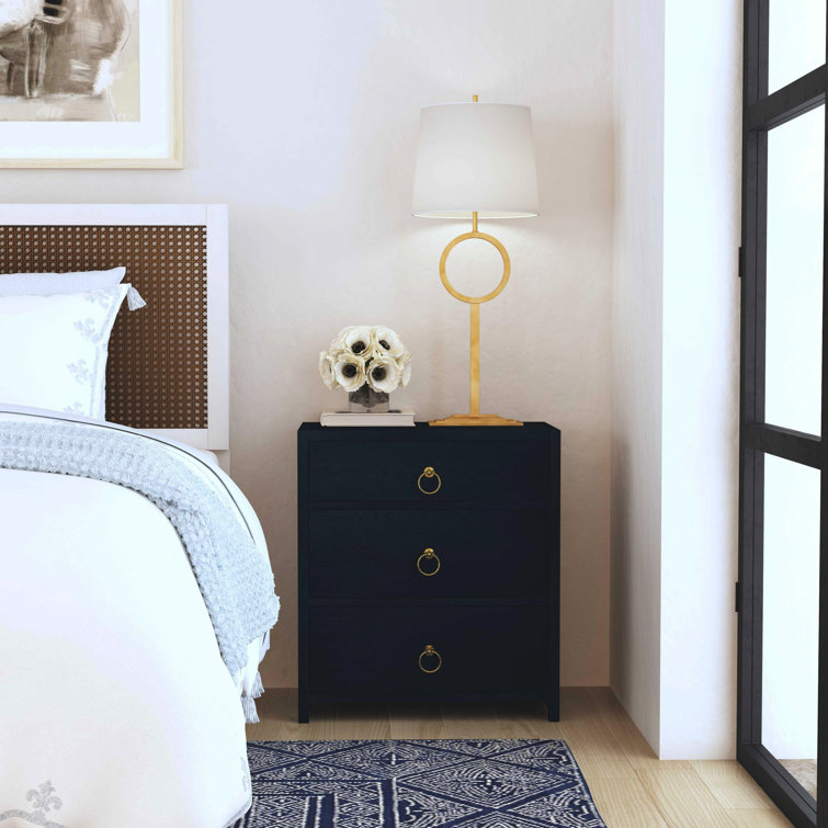 Navy Blue Acacia Wood 3-Drawer Nightstand with Gold Hardware