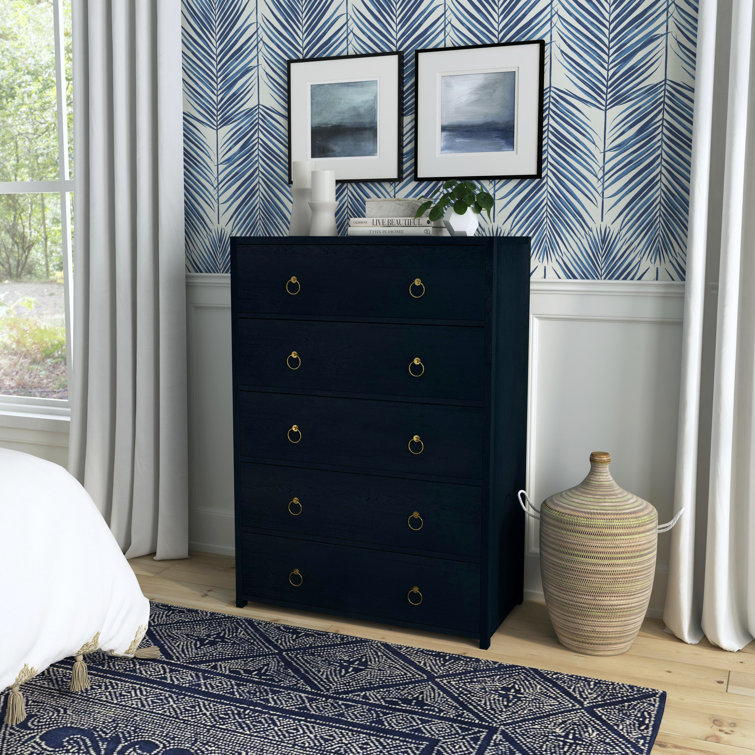 Navy Blue Acacia Wood 5-Drawer Vertical Dresser