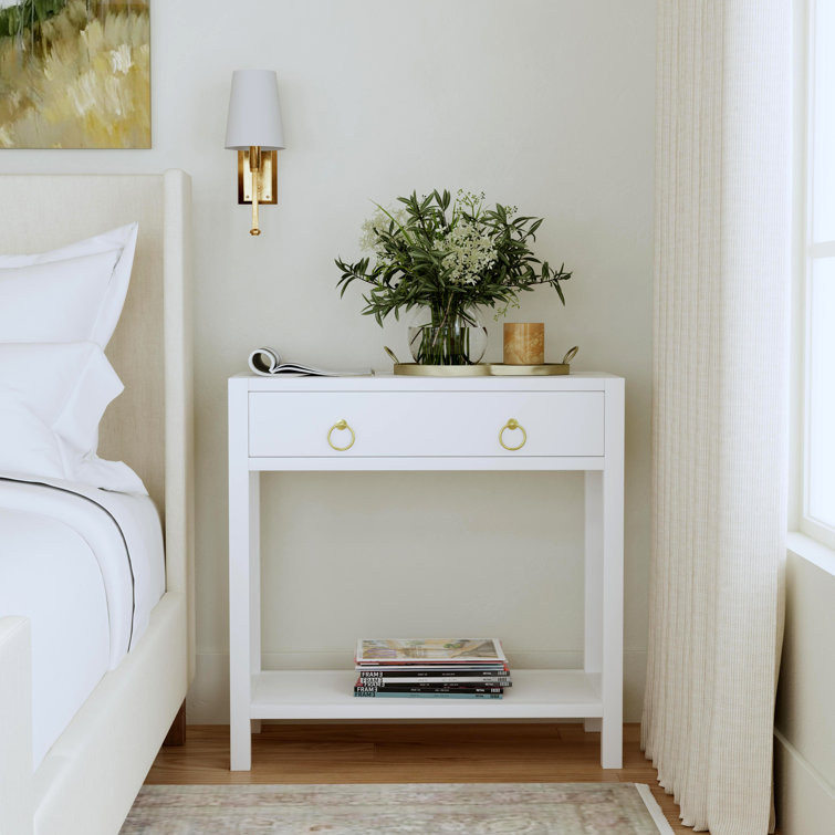 Navy Blue Acacia Wood 1-Drawer Nightstand with Gold Hardware