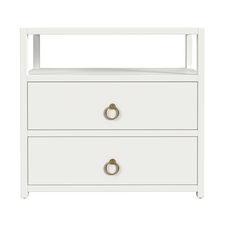 White Acacia 2-Drawer Nightstand with Brass Ring Pulls