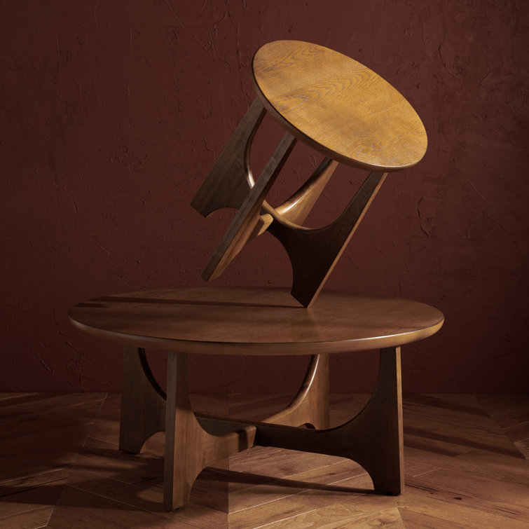 Medium Oak Round Solid and MDF Wood End Table