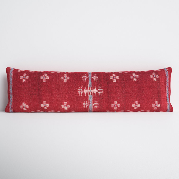 Red Wool Blend Embroidered Lumbar Pillow with Cotton Back