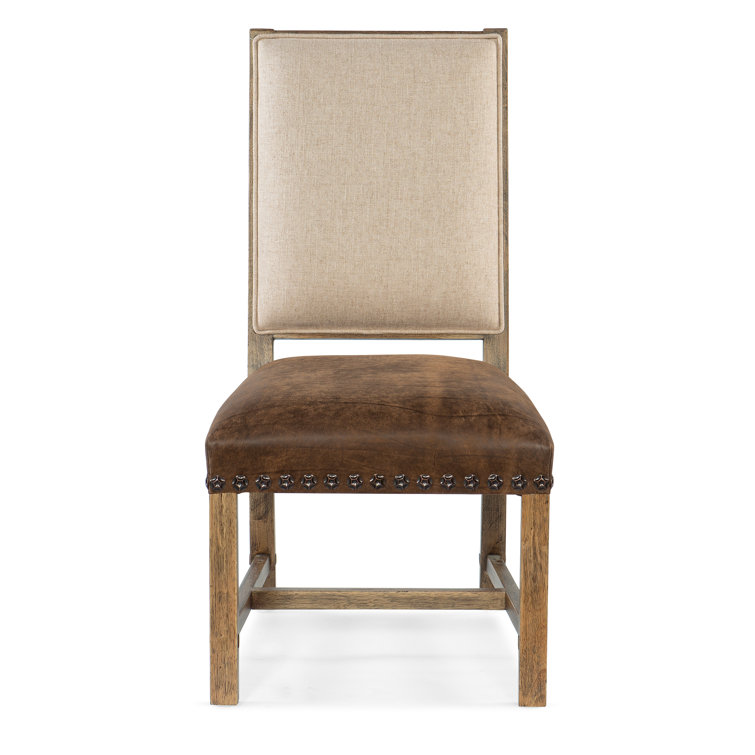 Brown Leather and Cream Upholstered Wood Side Chair