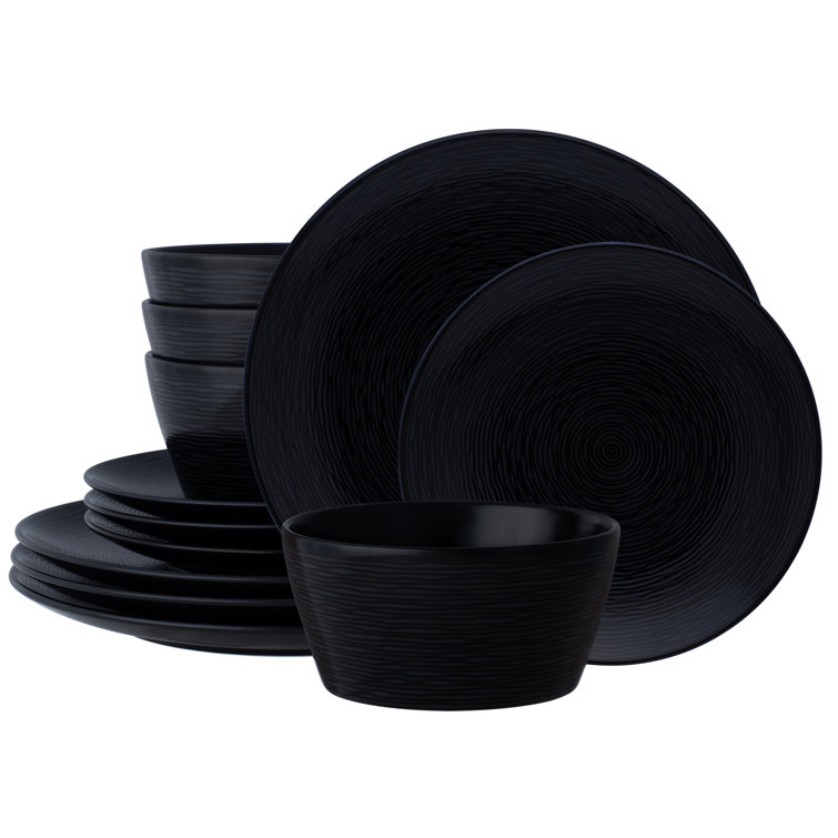 Black Porcelain 12-Piece Swirl Coupe Dinnerware Set