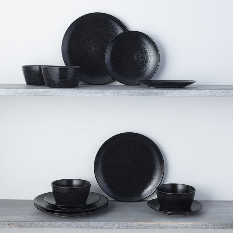 Black Porcelain 12-Piece Swirl Coupe Dinnerware Set