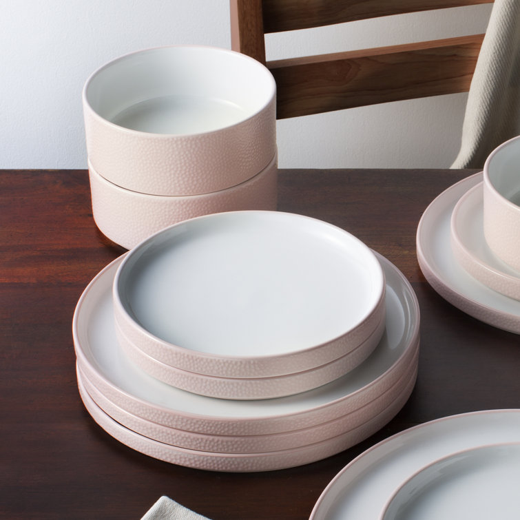 Blush and White Porcelain 12-Piece Textured Dinnerware Set