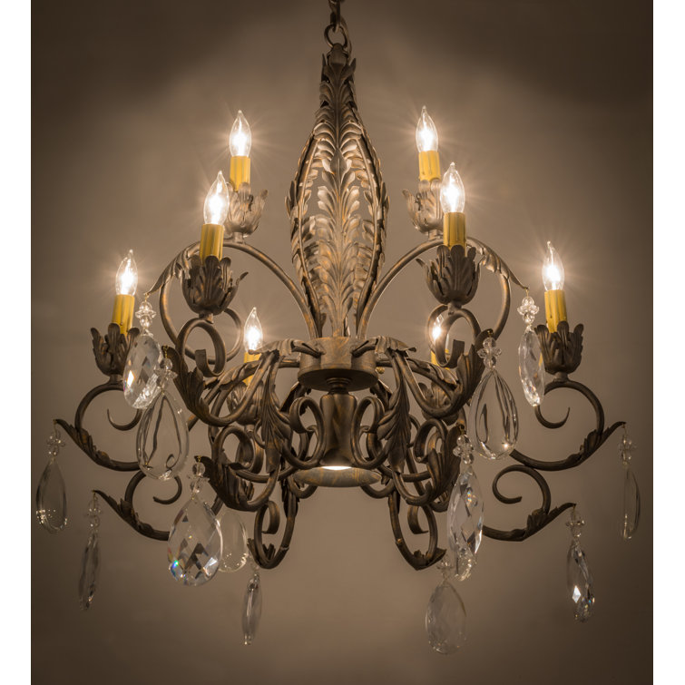 Country French Bronze 10-Light Crystal Chandelier with Cream Shades