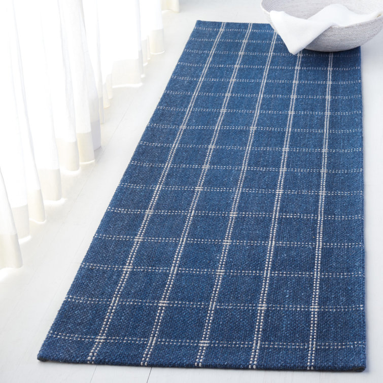 Tamworth Check Navy Blue Hand-Woven Wool-Viscose Runner Rug, 2'6" x 8'