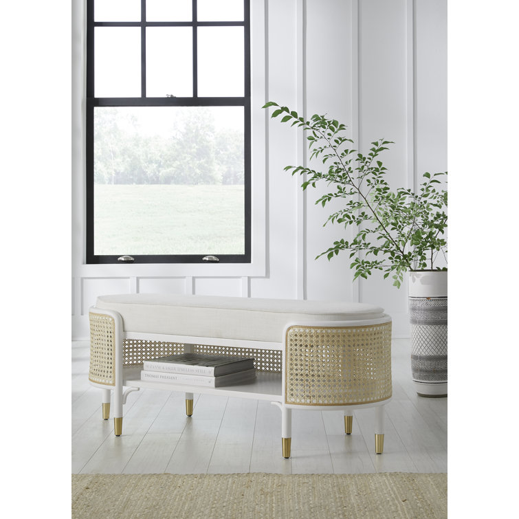 Contemporary White Linen Upholstered Storage Bench 46"