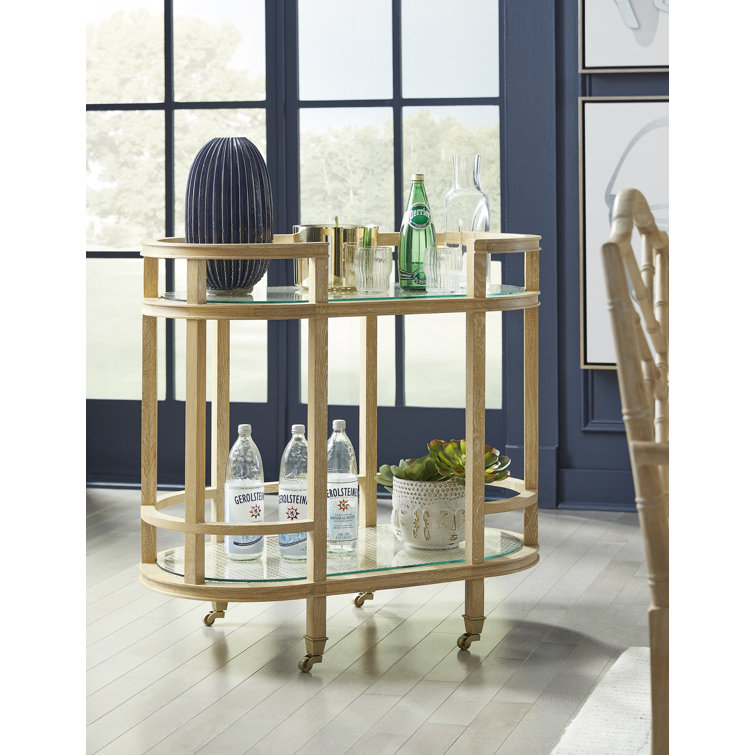 O'Hara Cerused Oak Oval Bar Cart with Glass and Cane Shelves