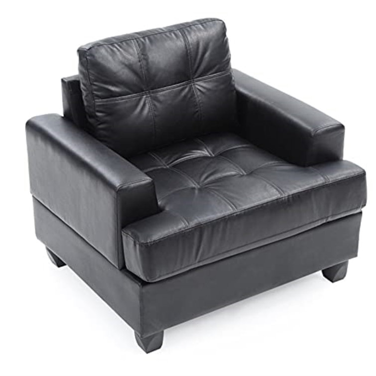 Black Faux Leather and Wood Tufted Accent Chair