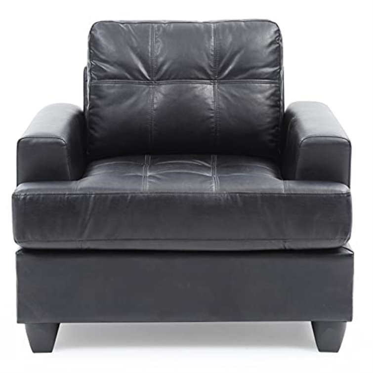 Black Faux Leather and Wood Tufted Accent Chair