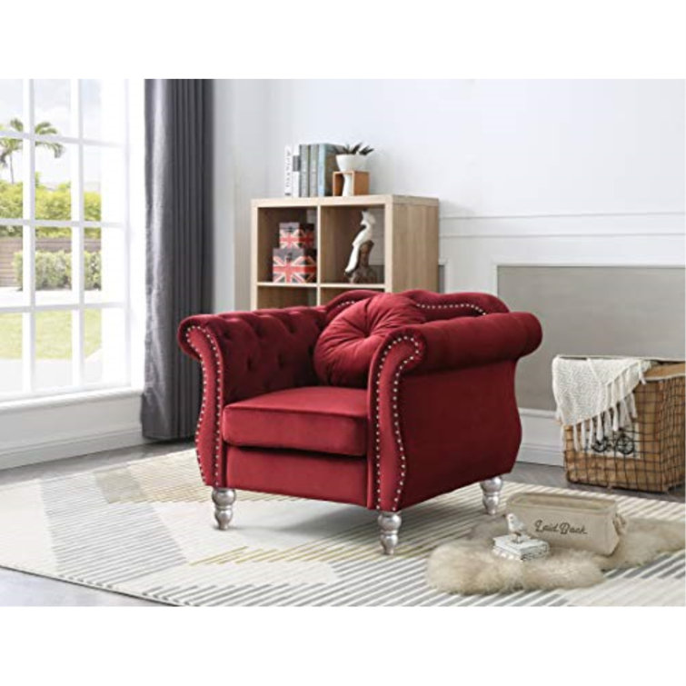 Burgundy Velvet Tufted Accent Chair with Wood Frame