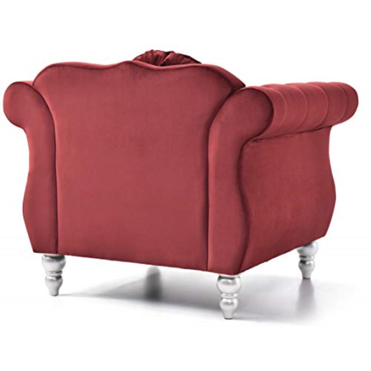 Burgundy Velvet Tufted Accent Chair with Wood Frame