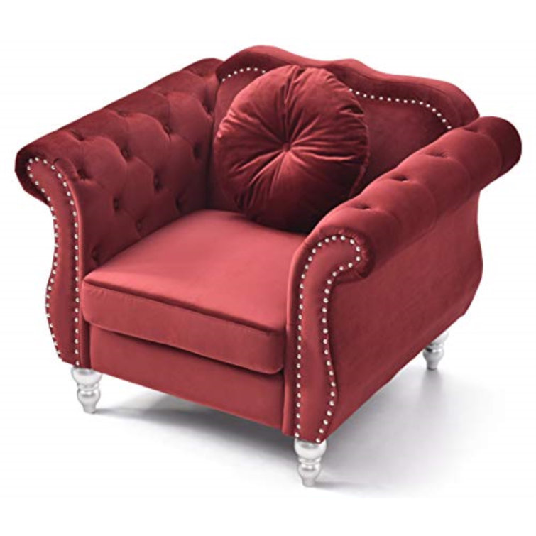 Burgundy Velvet Tufted Accent Chair with Wood Frame