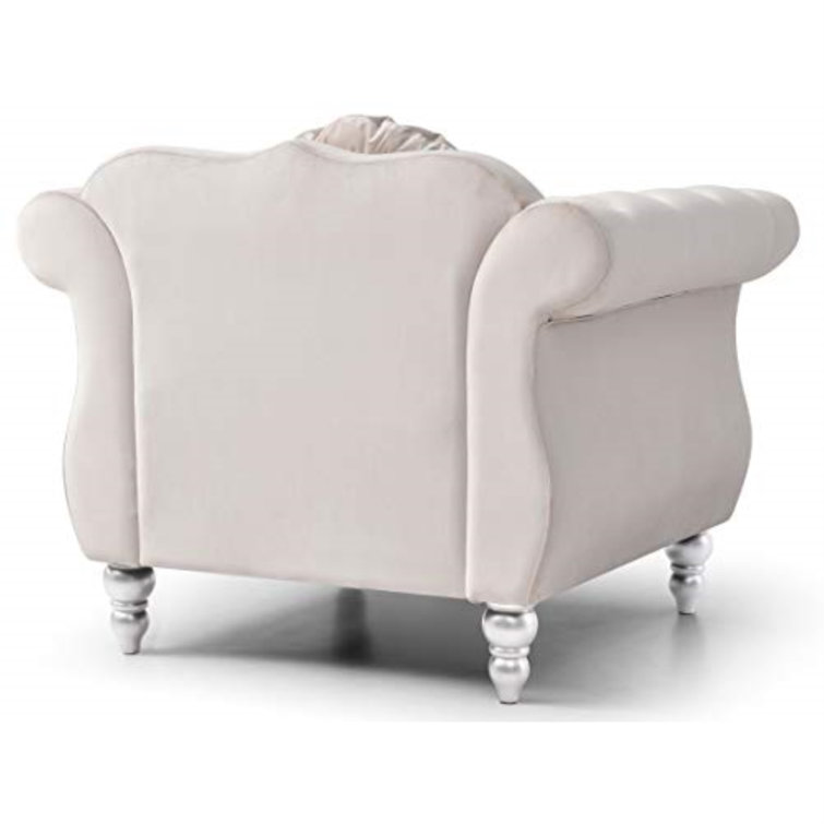 Ivory Velvet Rolled Arm Accent Chair with Button Detail
