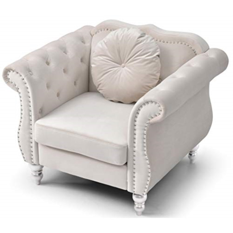 Ivory Velvet Rolled Arm Accent Chair with Button Detail