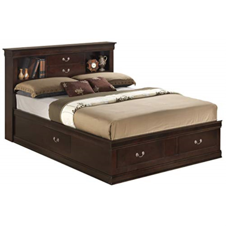 Cappuccino Queen Wood Frame Storage Platform Bed with Bookcase