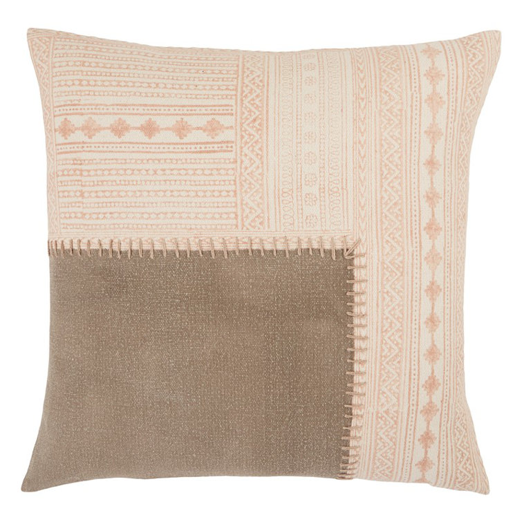 Light Pink and Beige Embroidered Cotton Square Throw Pillow