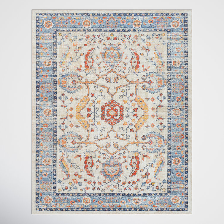 Vintage Blue and Beige Floral Medallion Synthetic Rug
