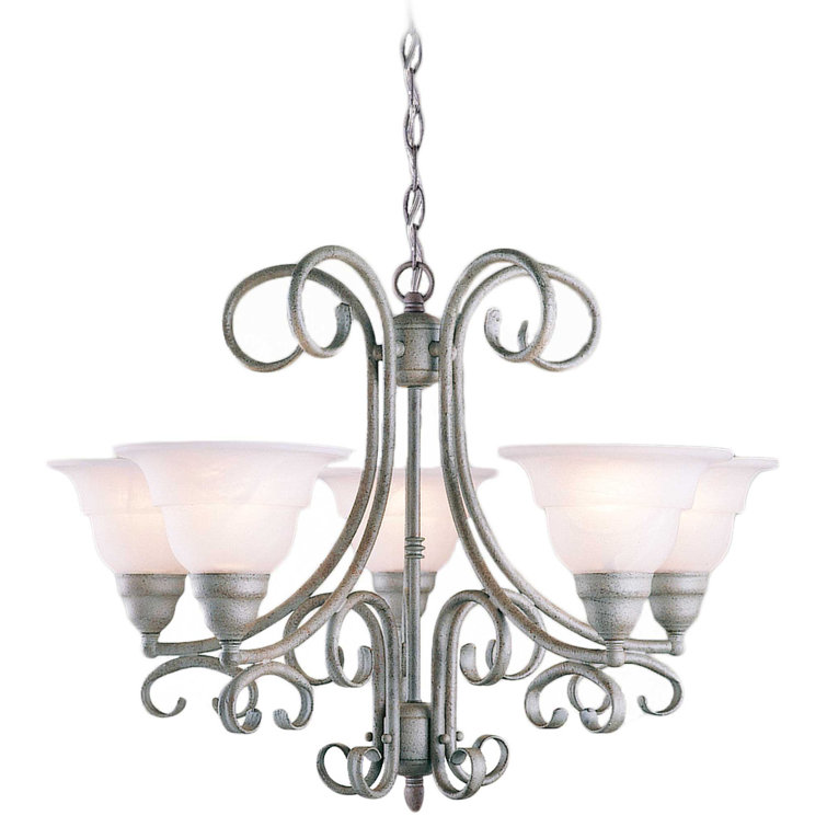 Antique Silver 5-Light Bell Chandelier with Alabaster Glass Shades
