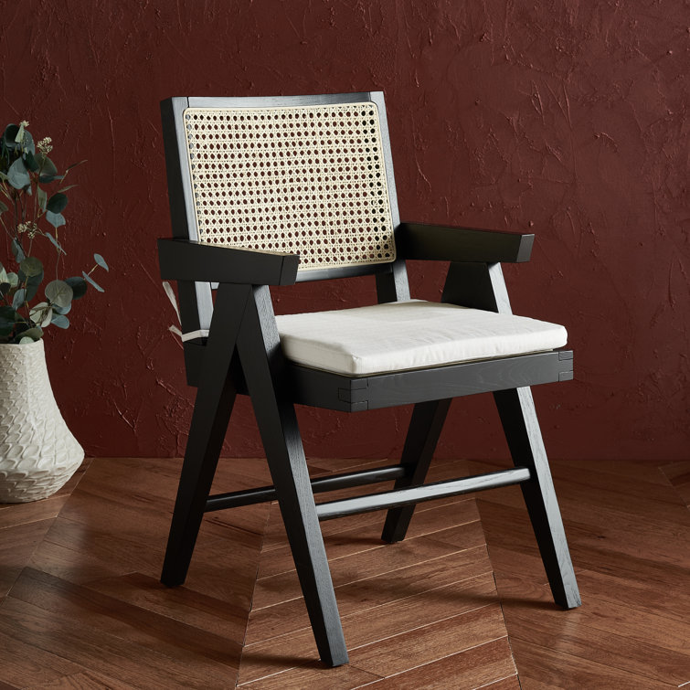 Colette Contemporary Black and Natural Ash Wood Rattan Dining Armchair
