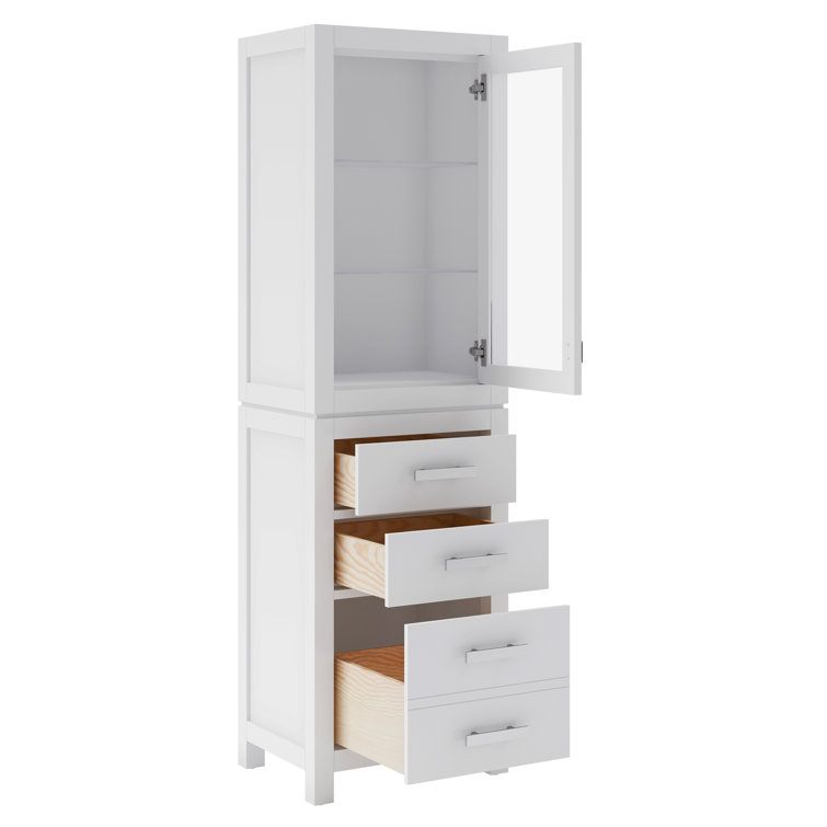 Pure White Solid Wood Freestanding Linen Cabinet with Glass Door