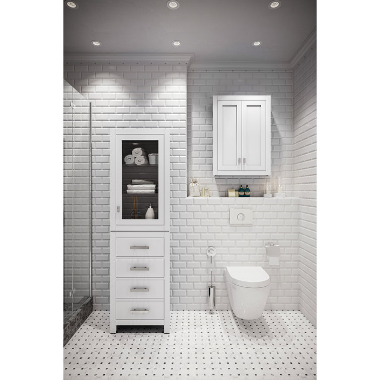 Pure White Solid Wood Freestanding Linen Cabinet with Glass Door