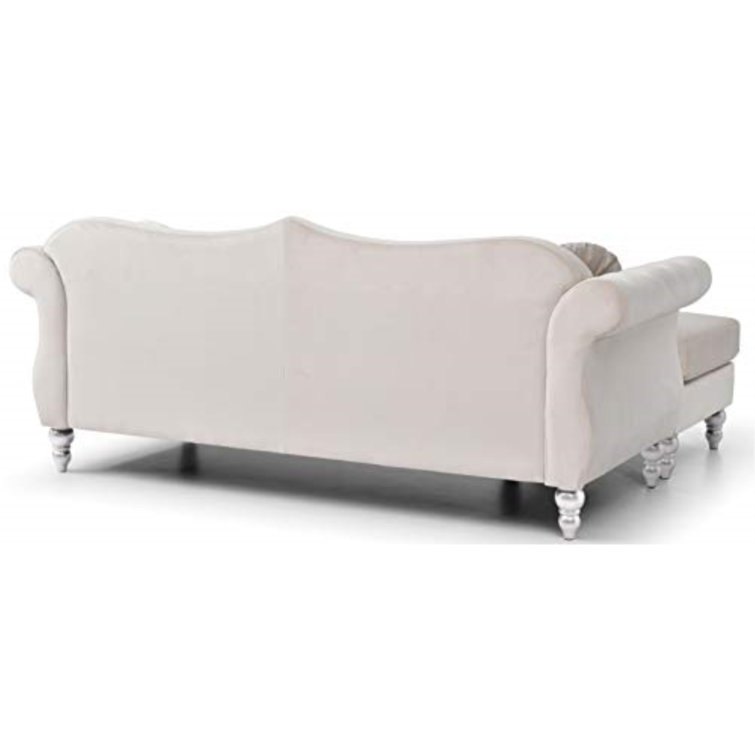 Ivory Velvet Tufted 4-Seater Sectional with Nailhead Accents