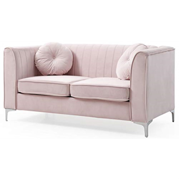 Pink Velvet Tufted Loveseat with Nailhead Trim