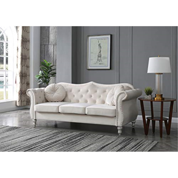 Elegant Dark Gray Velvet Tufted Sofa with Nailhead Accents