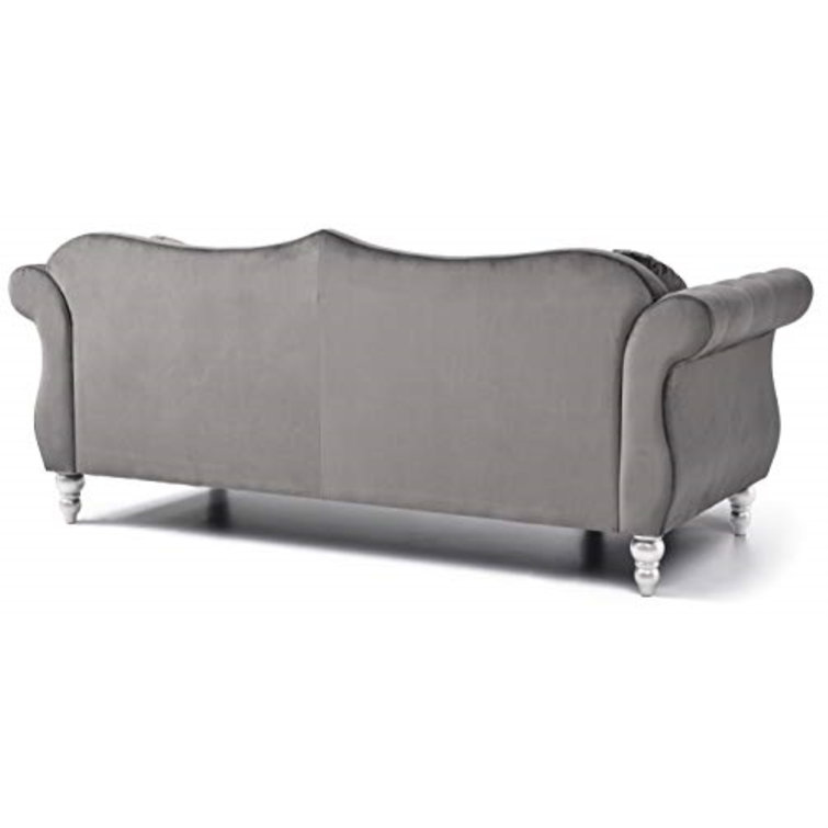 Elegant Dark Gray Velvet Tufted Sofa with Nailhead Accents
