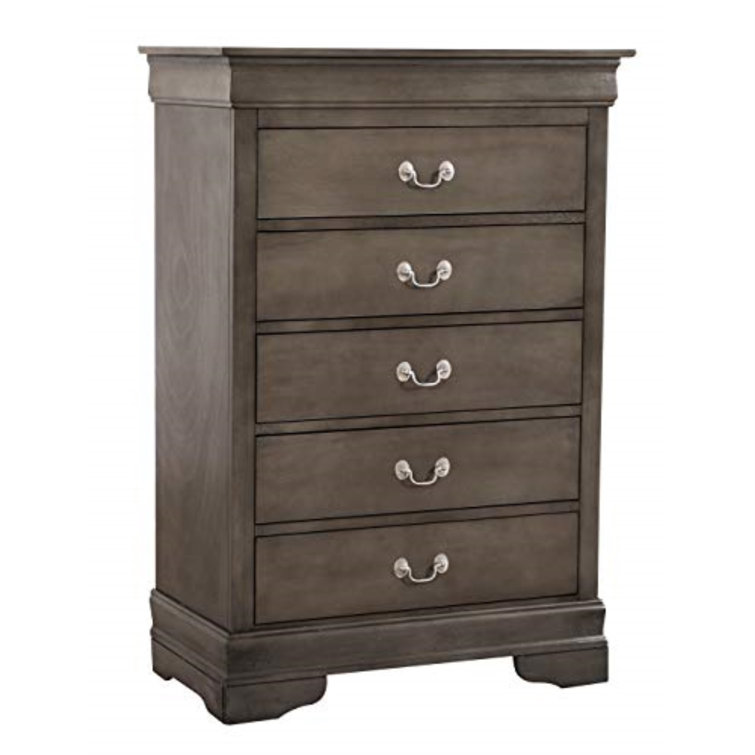 Transitional Gray 5-Drawer Chest with Metal Handles and Dovetail Drawers