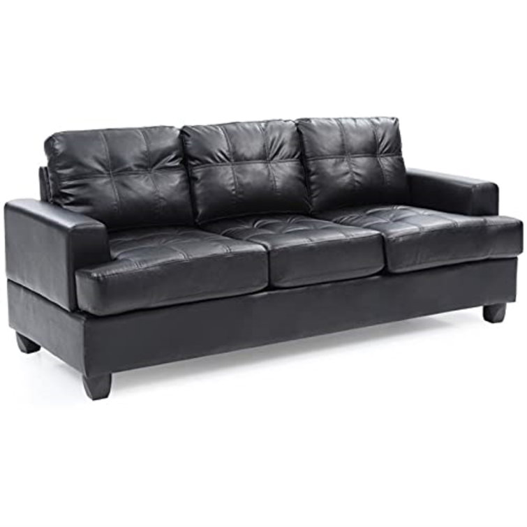 Black Tufted Faux Leather Three Piece Sofa with Wood Track Arm