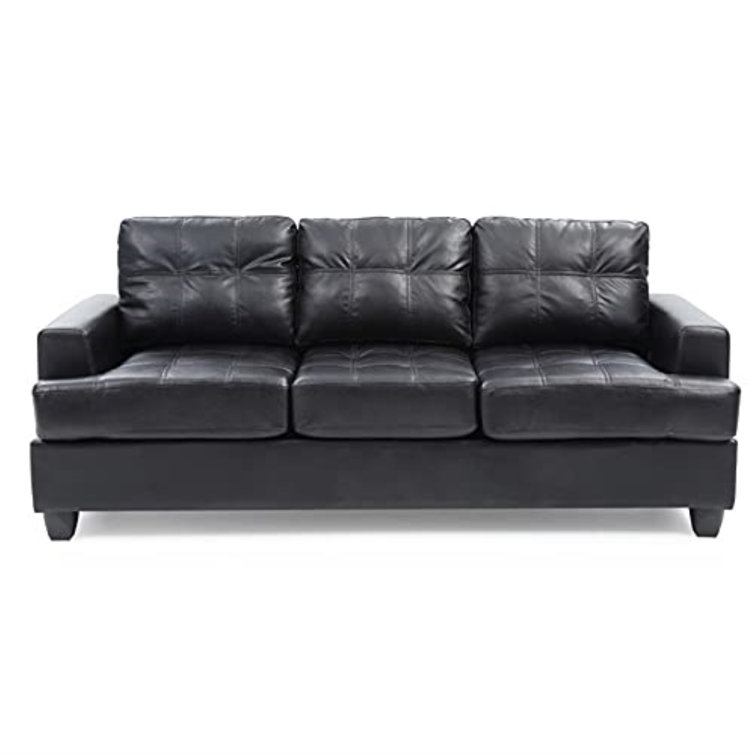 Black Tufted Faux Leather Three Piece Sofa with Wood Track Arm