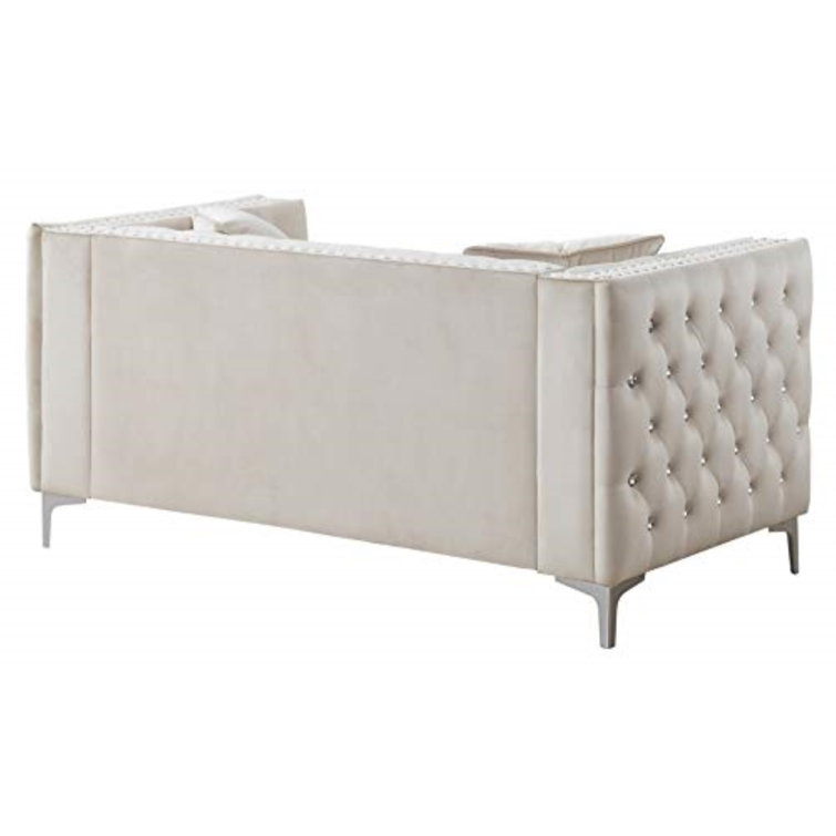 Ivory Velvet Tufted Loveseat with Nailhead Trim and Chrome Legs
