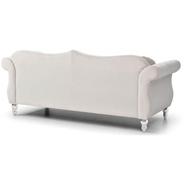 Ivory Tufted Velvet Sofa with Nailhead Trim and Wood Legs