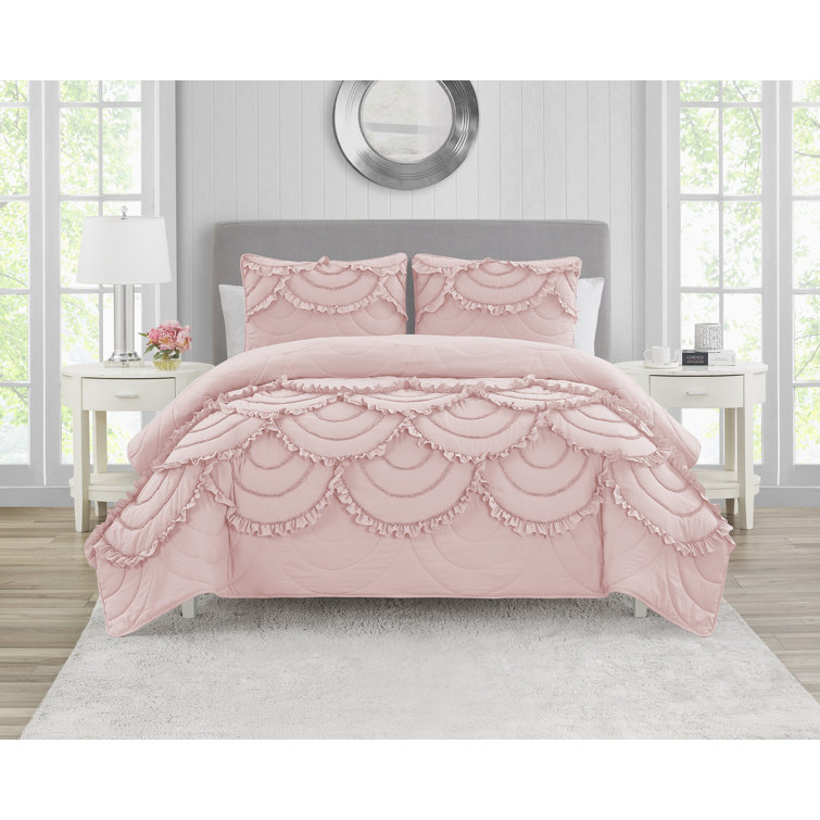 Blush Pink King Microfiber Scallop Ruffle Quilt Set