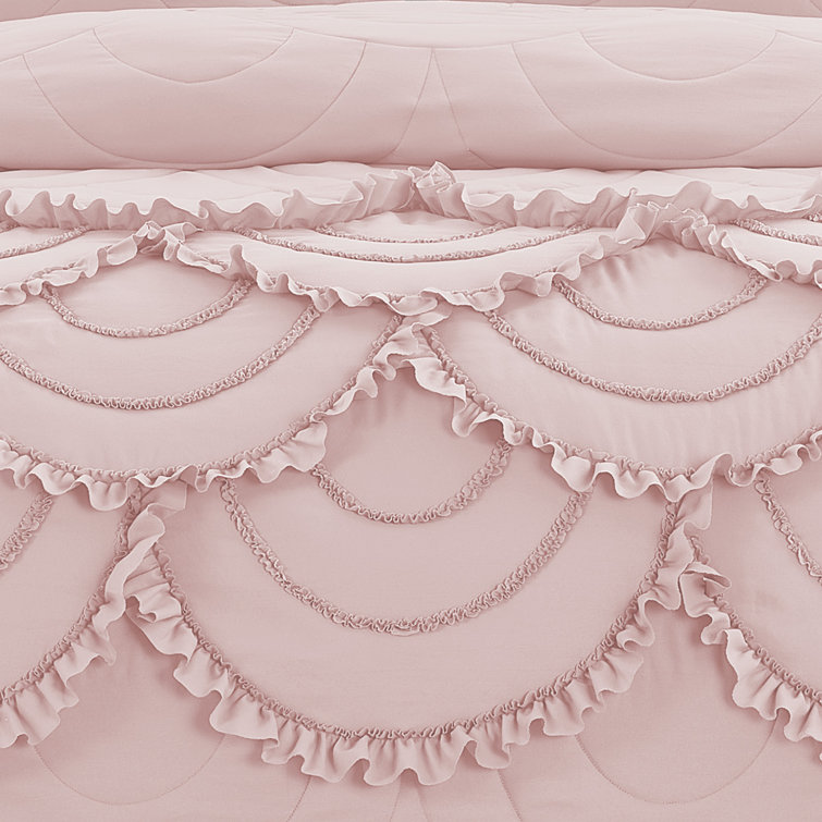 Blush Pink King Microfiber Scallop Ruffle Quilt Set