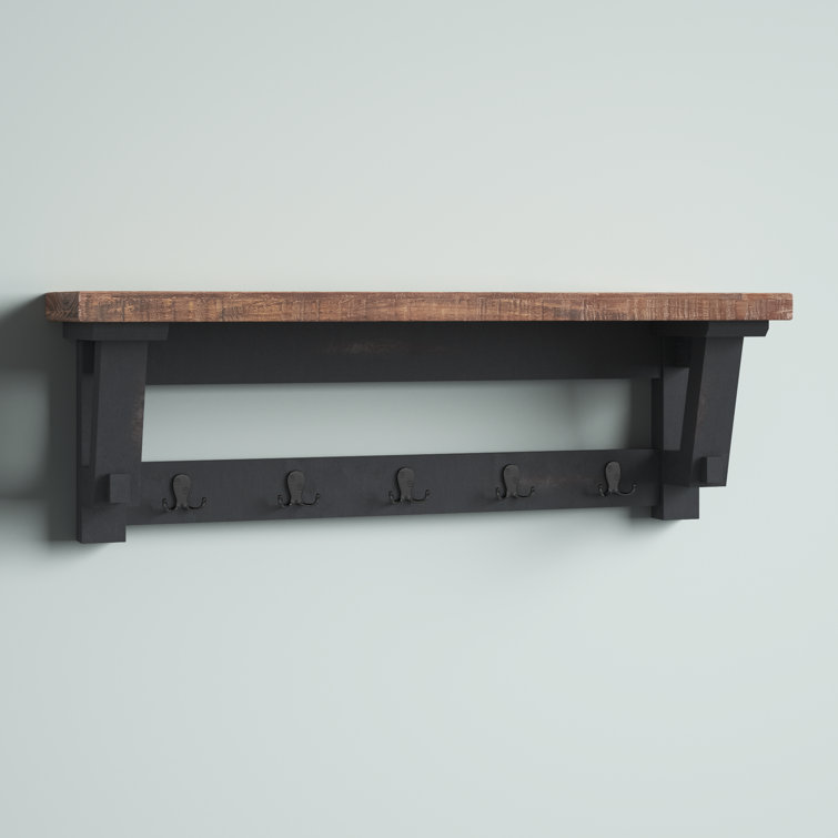 Rustic Industrial 42" Wood Coat Rack with Shelf and Hooks