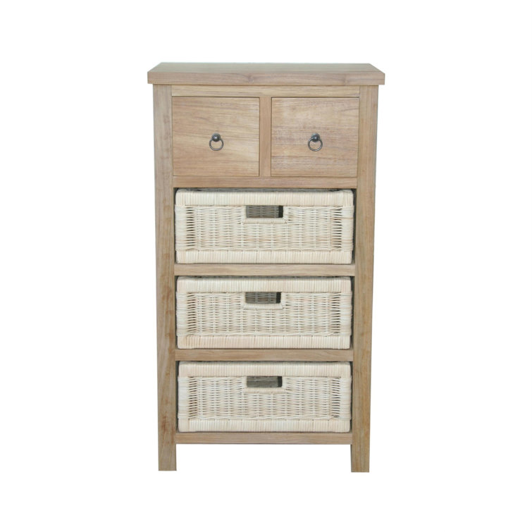 Teak and Rattan 3-Basket Storage Chest