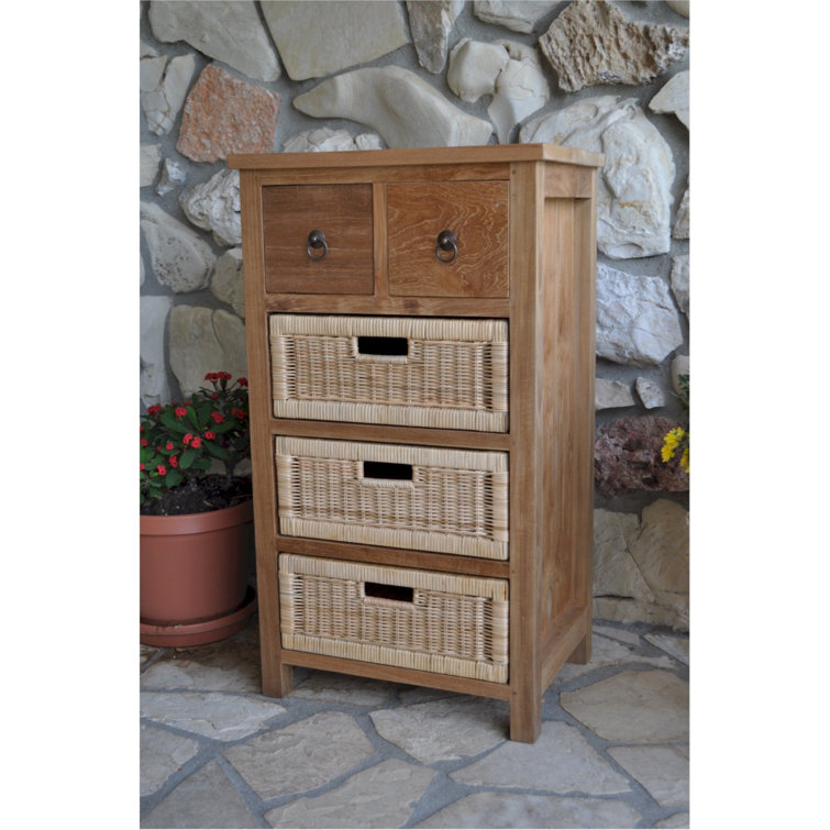 Teak and Rattan 3-Basket Storage Chest