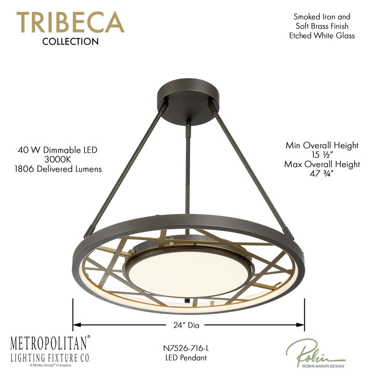 Tribeca Smoked Iron and Soft Brass 1-Light LED Drum Pendant