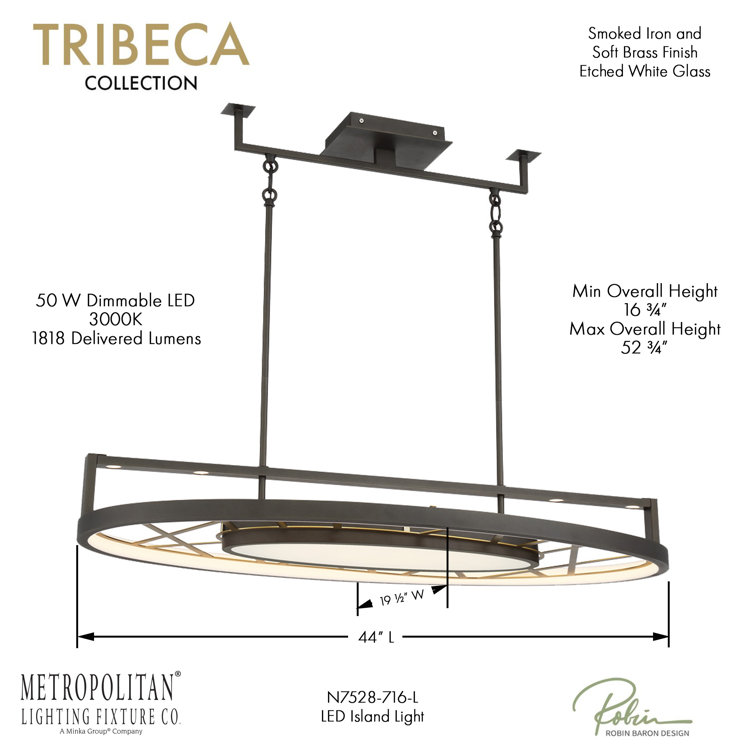 Tribeca Smoked Iron & Soft Brass LED Pendant with Etched Glass